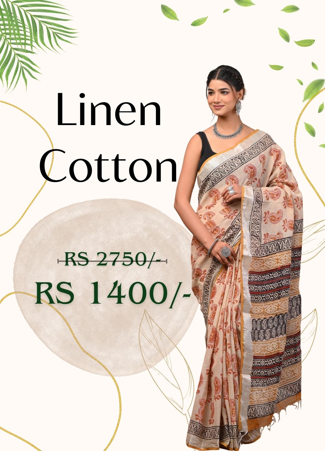 Linen Cotton - Bagru Hand Block Sarees