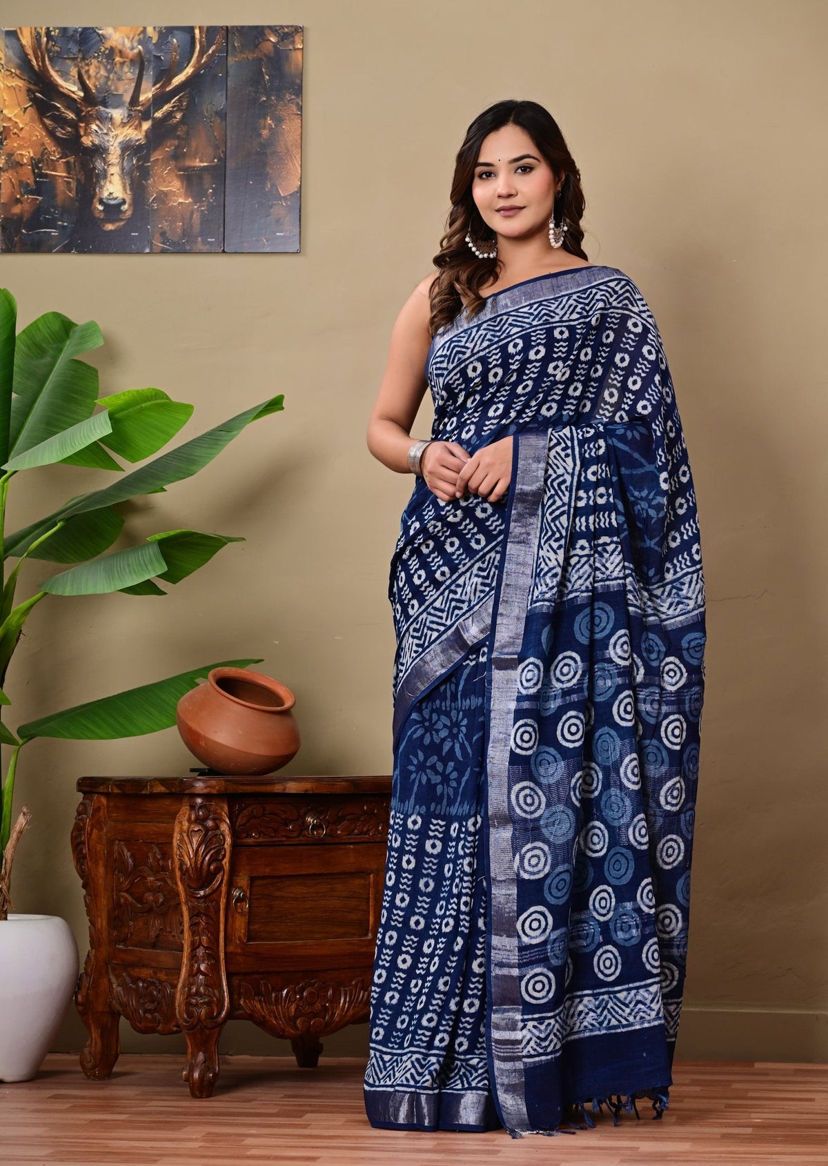Indigo saree with white floral jaal and geometric Bagru hand block print motifs
