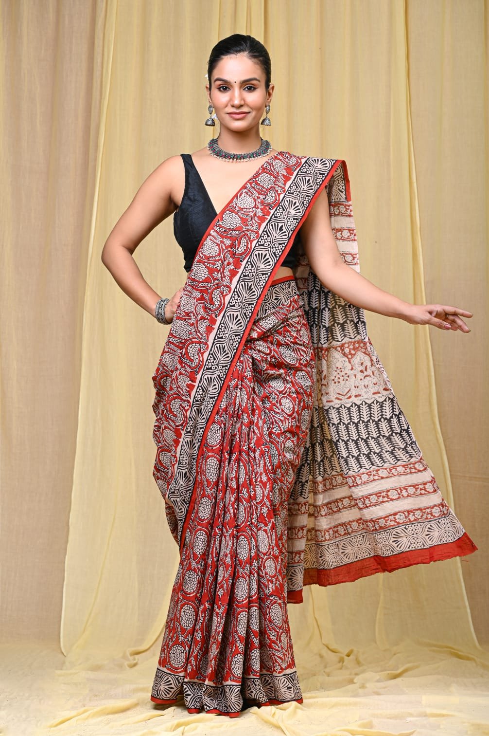 Bagru block printed Mul Cotton saree with traditional design