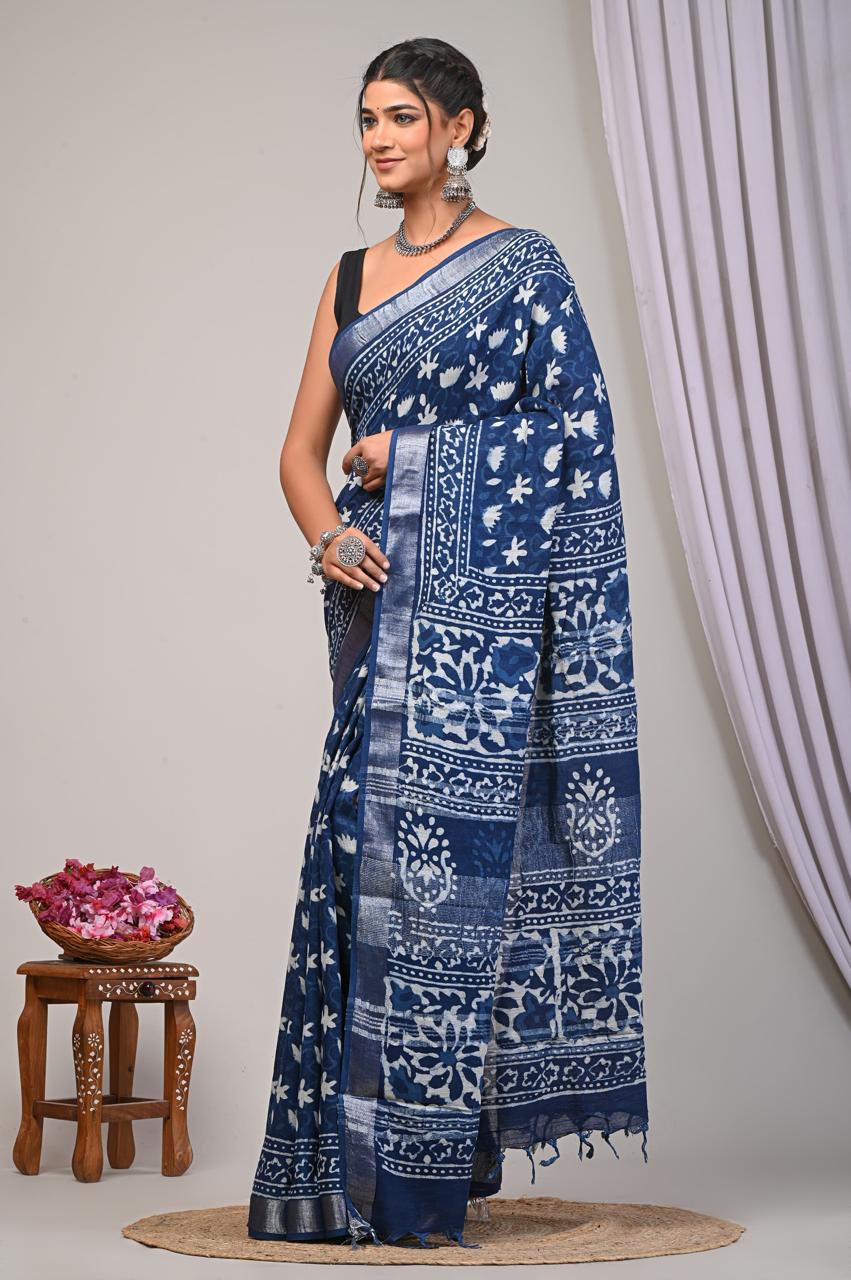 Bagru Hand Block Printed Saree In Linen Cotton With Blouse Piece - BFSGLC35