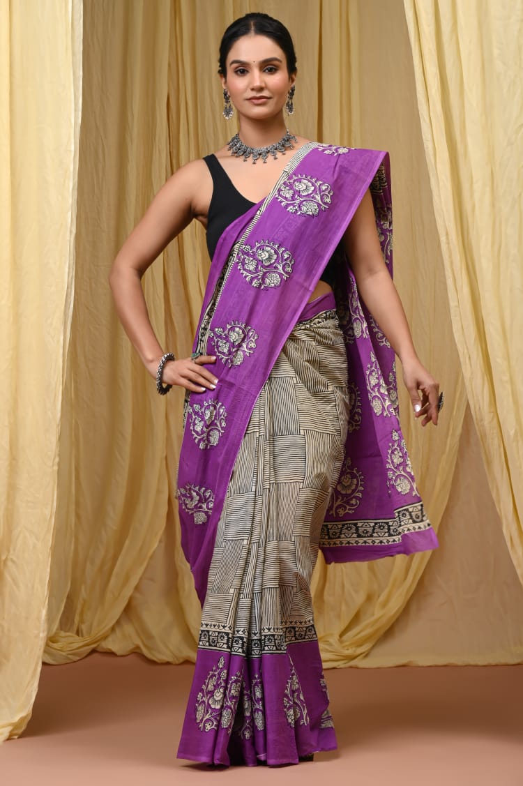 Premium Mul Cotton Hand Block Printed Saree With Blouse Piece - BFSBTC59