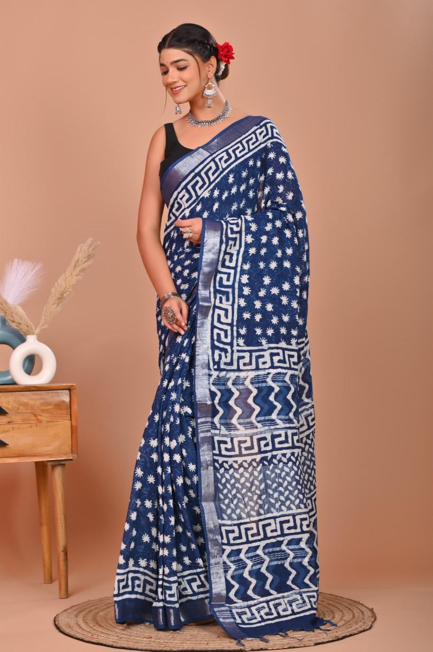 Bagru Hand Block Printed Saree In Linen Cotton With Blouse Piece - BFSGLC33
