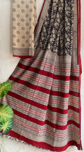 Red & Off-White Floral Jaal Bagru Hand Block Printed Mul Cotton Saree With Blouse Piece