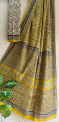 Mustard Yellow & Black Leaf Motif Bagru Hand Block Printed Mul Cotton Saree With Blouse Piece
