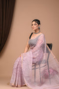 Mauve & Off-White Floral Buti Bagru Hand Block Printed Kota Doriya Silk Saree With Blouse Piece
