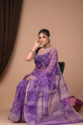 Purple & White Paisley Motifs Hand Block Printed Kota Doriya Silk Saree With Blouse Piece