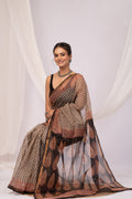 Beige & Brown Buti Print Bagru Hand Block Printed Kota Doriya Silk Saree With Blouse Piece