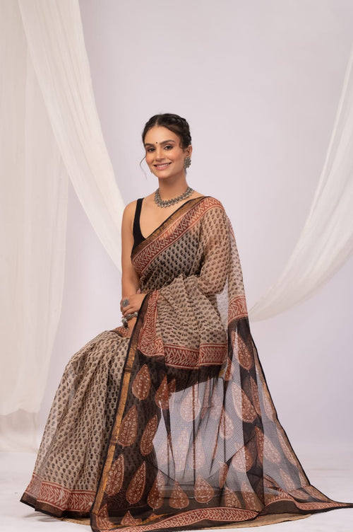 Beige & Brown Buti Print Bagru Hand Block Printed Kota Doriya Silk Saree With Blouse Piece