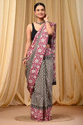 Pink & Black Floral Jaal Hand Block Printed Mul Cotton Saree With Blouse Piece