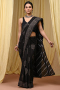 Black & Beige Buti Print Bagru Hand Block Printed Mul Cotton Saree With Blouse Piece