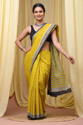 Mustard Yellow & Black Buti Print Bagru Hand Block Printed Mul Cotton Saree With Blouse Piece