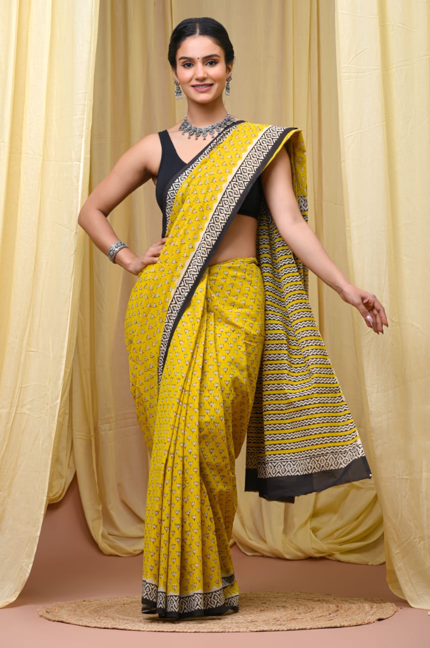Premium Mul Cotton Hand Block Printed Saree With Blouse Piece - BFSBTC41