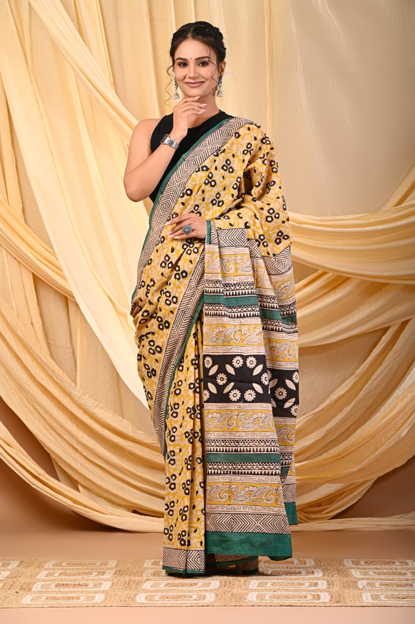 Premium Mul Cotton Hand Block Printed Saree With Blouse Piece - BFSBTC78