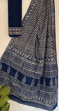 Indigo Blue & Off-White Geometric Chevron Bagru Hand Block Printed Mul Cotton Saree With Blouse Piece