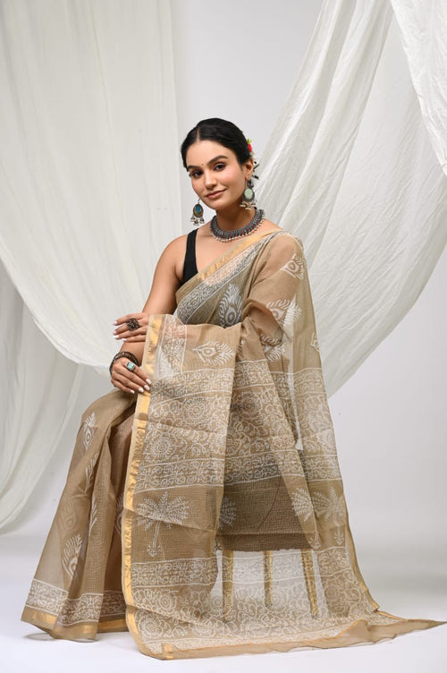 Beige & White Floral Motifs Bagru Hand Block Printed Kota Doriya Silk Saree With Blouse Piece