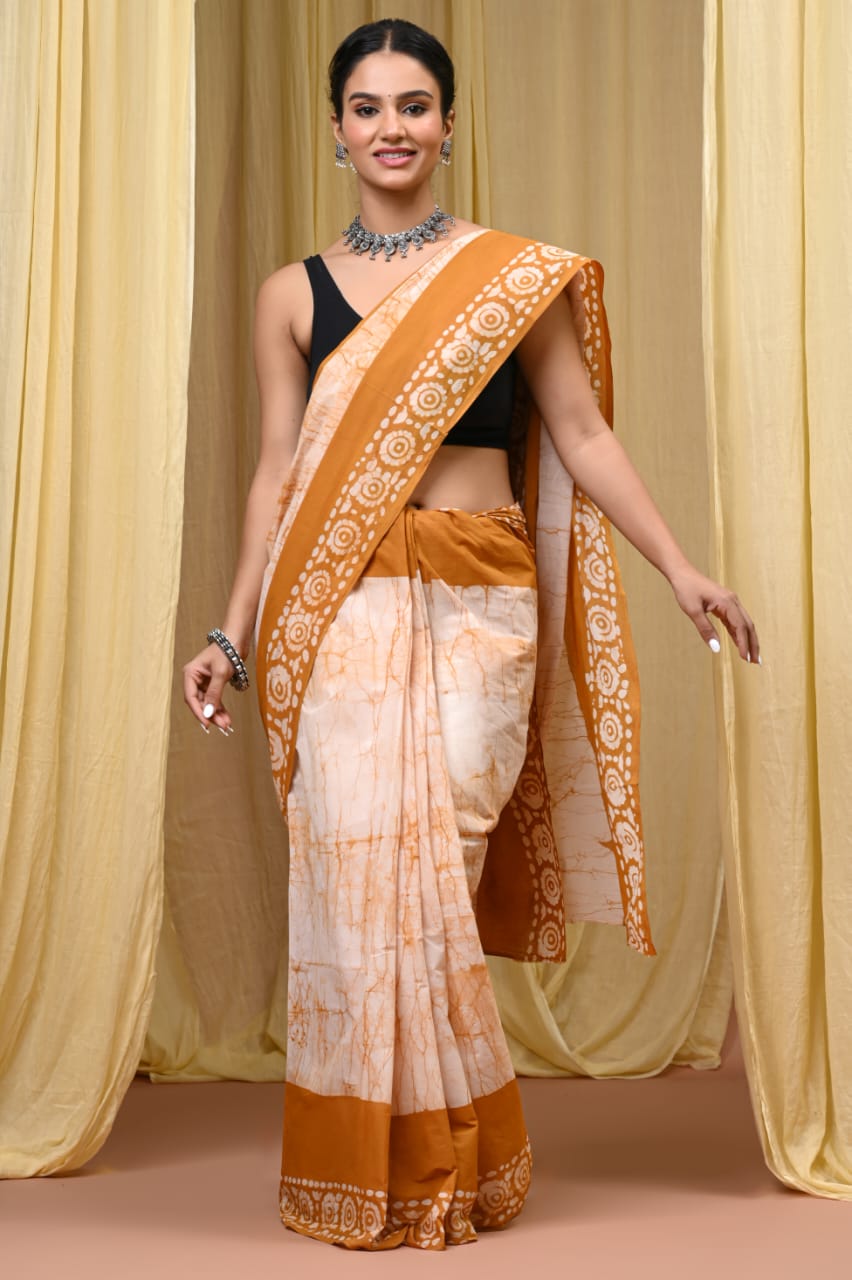 Premium Mul Cotton Hand Block Printed Saree With Blouse Piece - BFSBTC46