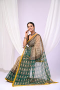 Green & Beige Leaf Motif Bagru Hand Block Printed Kota Doriya Silk Saree With Blouse Piece