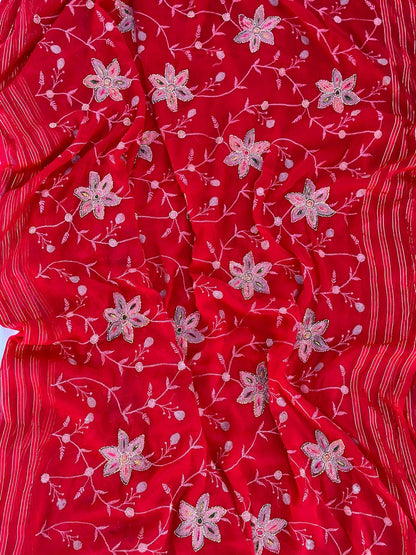 Pure Chiffon Hand Jaal Work Best Quality Saree With Blouse BFSMJ101