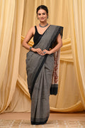 Black & Off-White Checkered Pattern Bagru Hand Block Printed Mul Cotton Saree With Blouse Piece