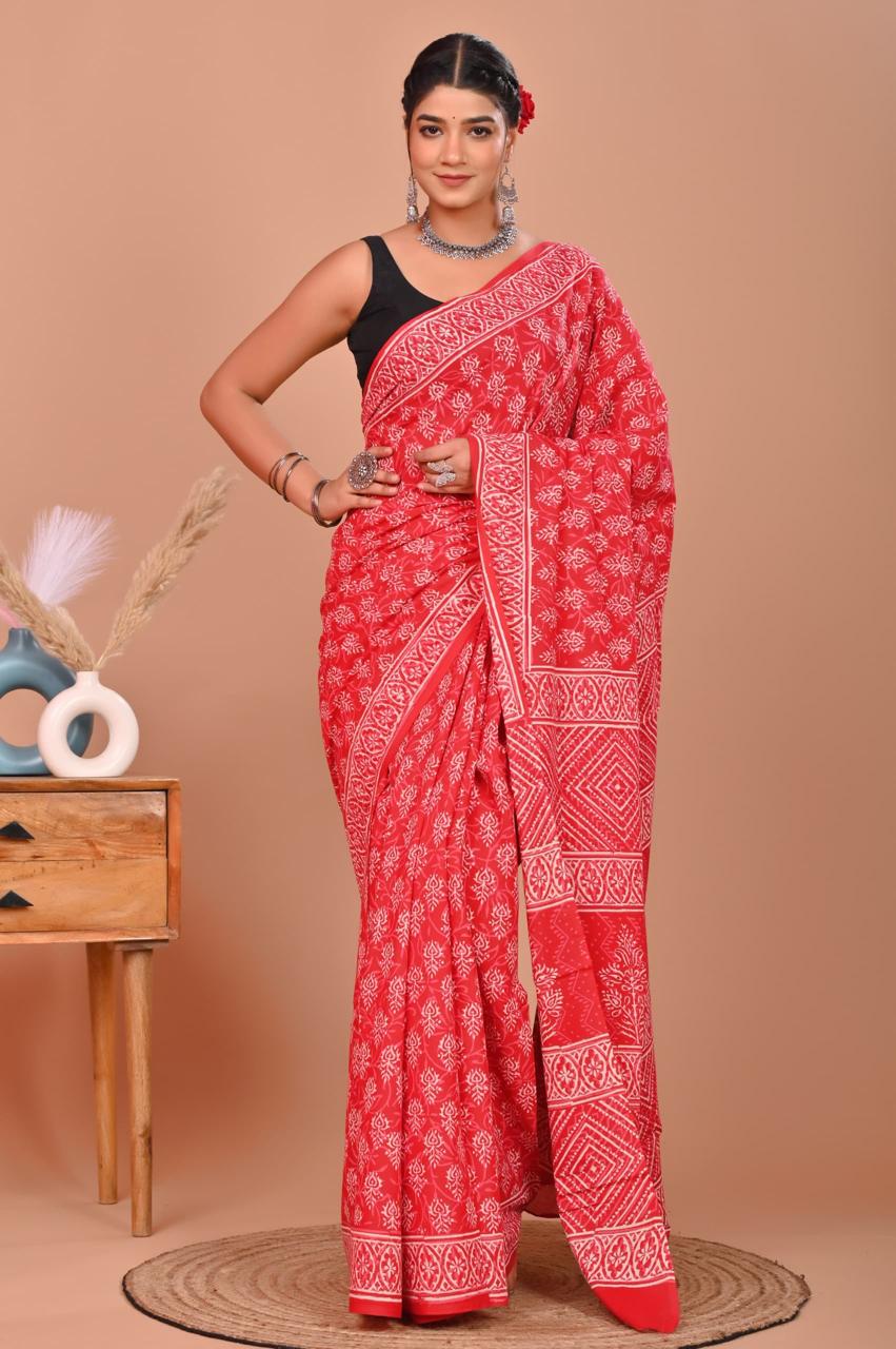 Bagru Cotton Hand Block Printed Saree With Blouse Piece - BFSGC14