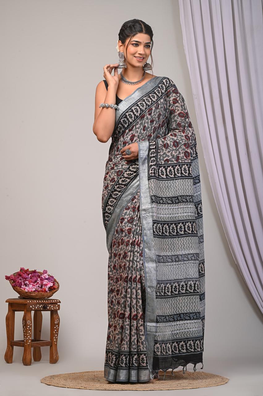 bagru, bagru Linen cotton saree, bagru saree, Ajrakh, Ajrakh Linen Sarees, saree,hand block saree