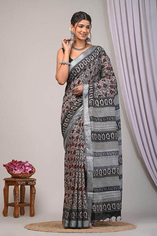 bagru, bagru Linen cotton saree, bagru saree, Ajrakh, Ajrakh Linen Sarees, saree,hand block saree