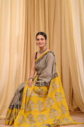 Mustard Yellow & Beige Leaf Motif Bagru Hand Block Printed Mul Cotton Saree With Blouse Piece