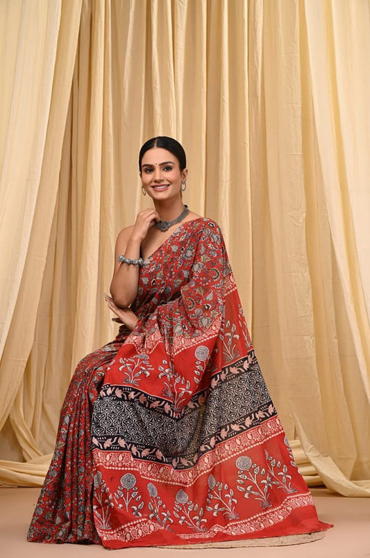 Premium Mul Cotton Hand Block Printed Saree With Blouse Piece  -BFSBTC39