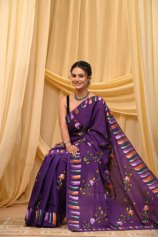 Premium Mul Cotton Hand Brush Painted Saree With Blouse Piece - BFSBTC40