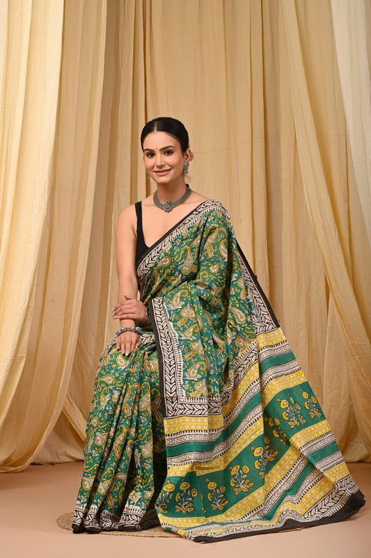 Premium Mul Cotton Hand Block Printed Saree With Blouse Piece - BFSBTC41