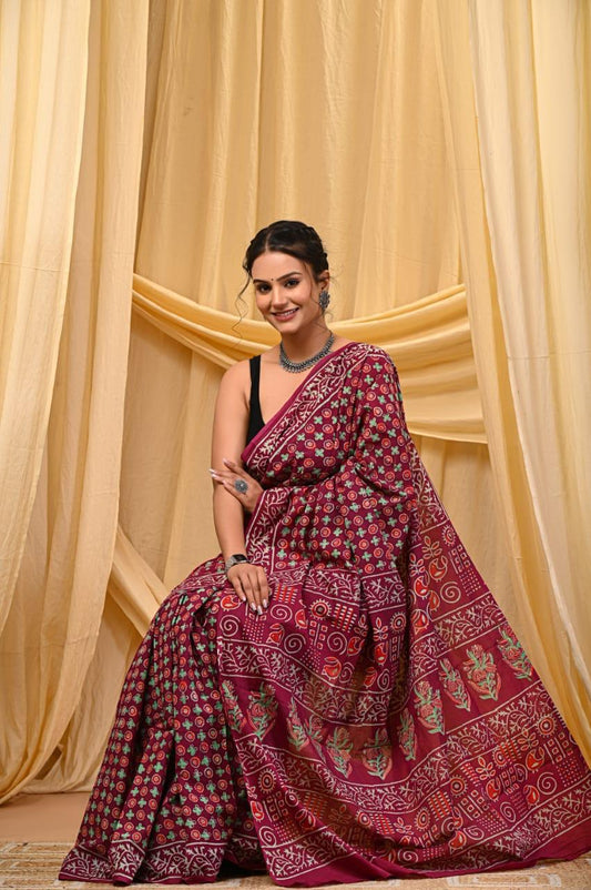 Premium Mul Cotton Hand Block Printed Saree With Blouse Piece - BFSBTC42