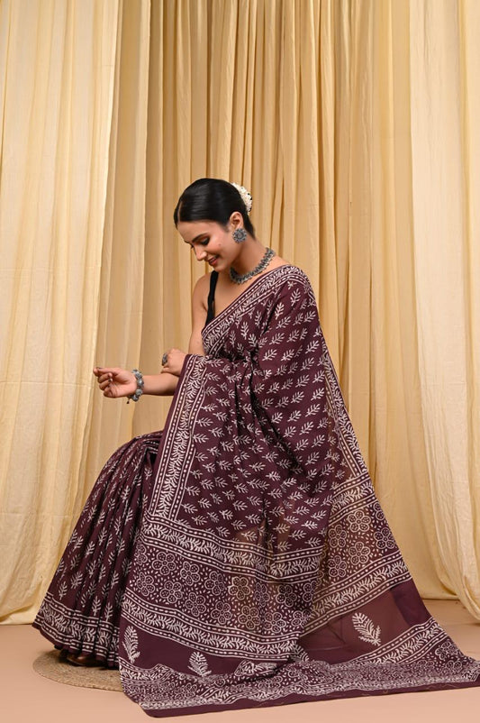 Premium Mul Cotton Hand Block Printed Saree With Blouse Piece - BFSBTC43