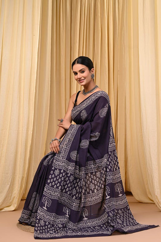 Premium Mul Cotton Hand Block Printed Saree With Blouse Piece - BFSBTC44