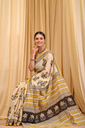 Mustard Yellow & Cream Floral Buti Bagru Hand Block Printed Mul Cotton Saree With Blouse Piece