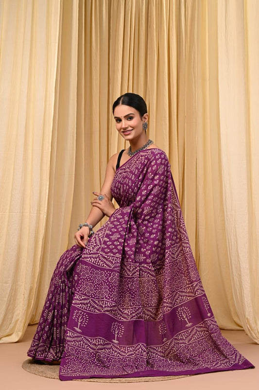 Premium Mul Cotton Hand Block Printed Saree With Blouse Piece - BFSBTC46