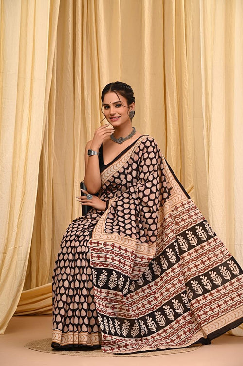 Black & Beige Leaf Motif Bagru Hand Block Printed Mul Cotton Saree With Blouse Piece