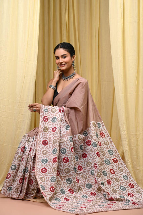 Beige & Off-White Floral Buti Bagru Hand Block Printed Mul Cotton Saree With Blouse Piece
