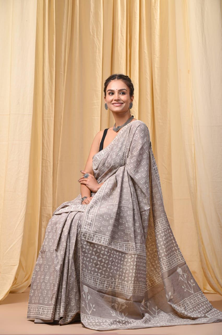 Premium Mul Cotton Hand Block Printed Saree With Blouse Piece - BFSBTC64