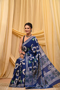 Indigo Blue & White Star Motif Bagru Hand Block Printed Mul Cotton Saree With Blouse Piece