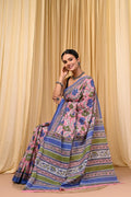 Pink & Blue Floral Motif Bagru Hand Block Printed Mul Cotton Saree With Blouse Piece