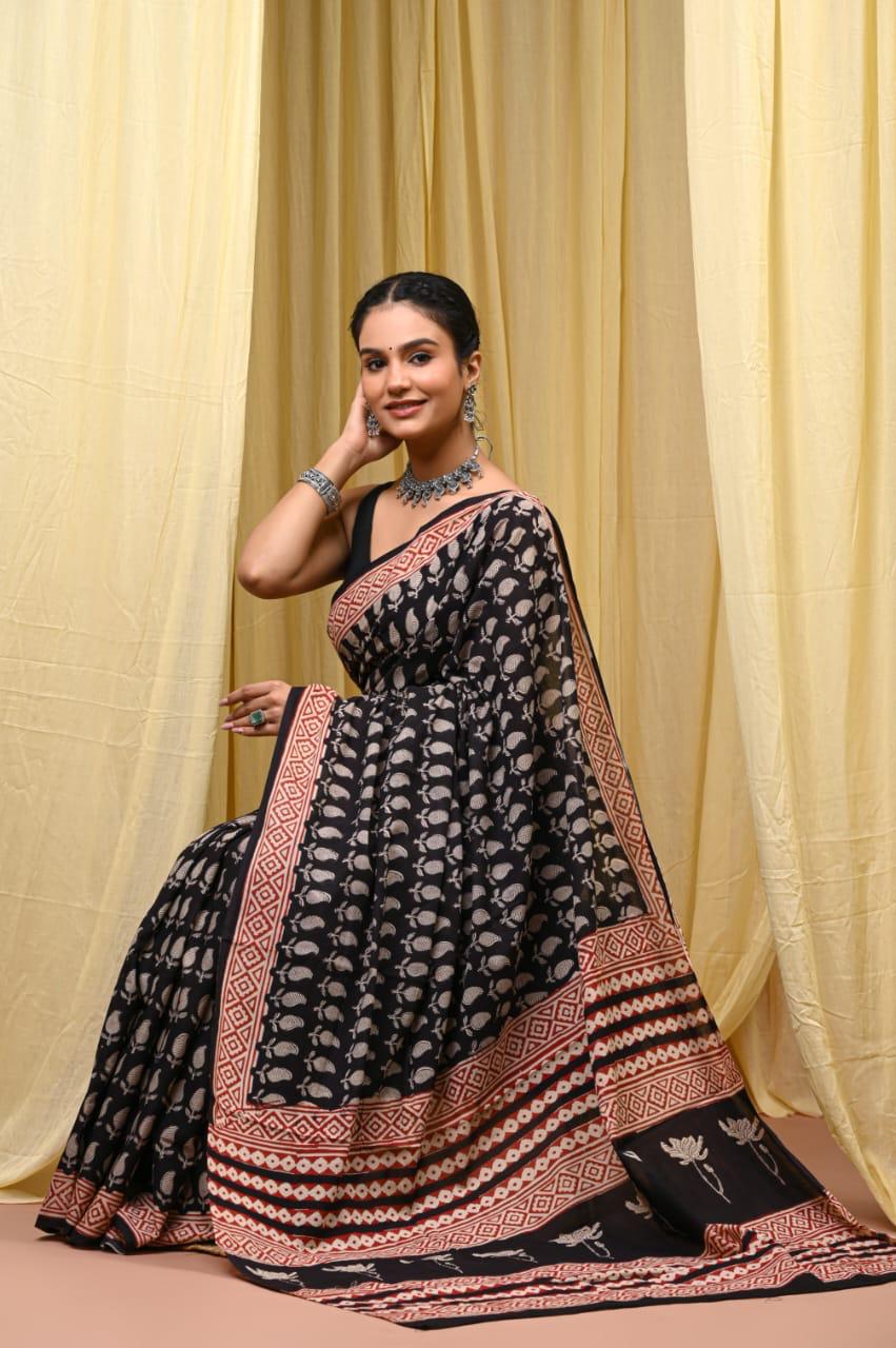 Premium Mul Cotton Hand Block Printed Saree With Blouse Piece - BFSBTC77
