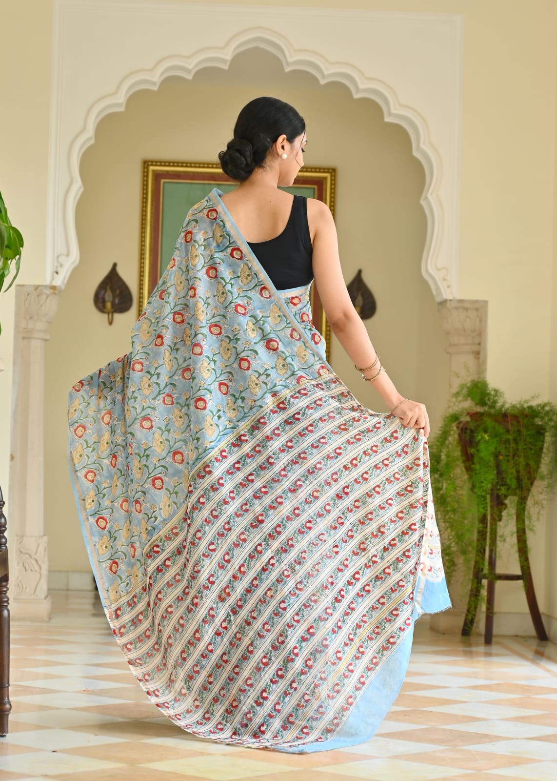 Chanderi Silk Block Printed Saree With Blouse Piece - BFSCSA3