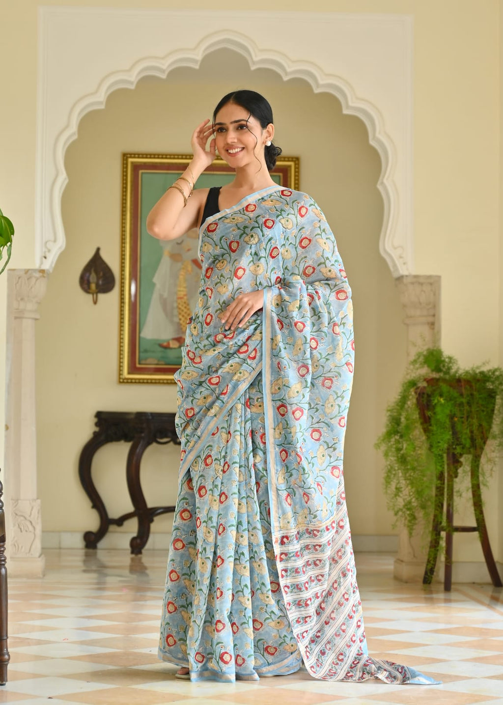 Chanderi Silk Block Printed Saree With Blouse Piece - BFSCSA3