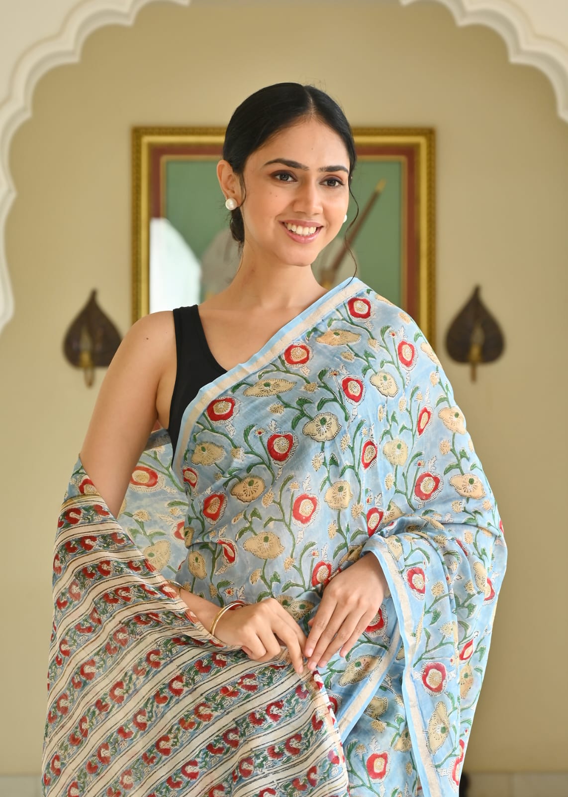 Chanderi Silk Block Printed Saree With Blouse Piece - BFSCSA3