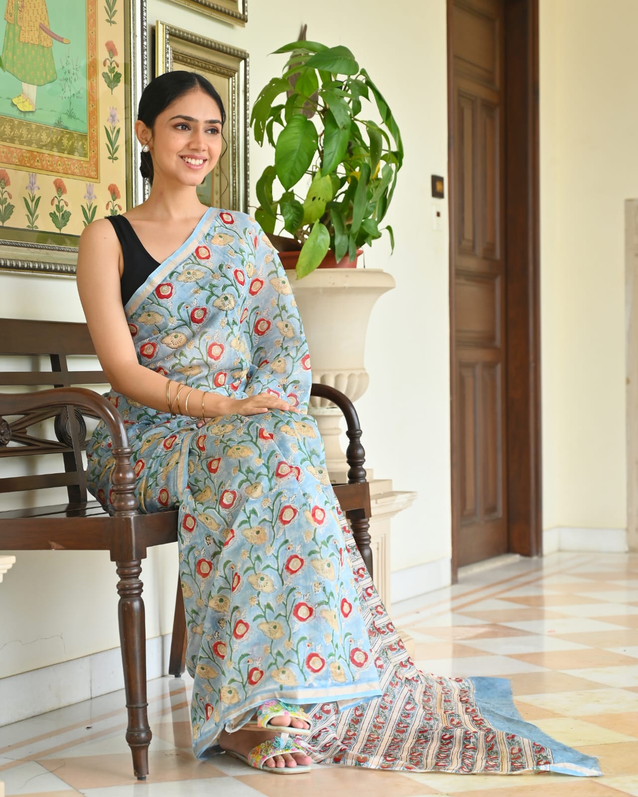 Chanderi Silk Block Printed Saree With Blouse Piece - BFSCSA3