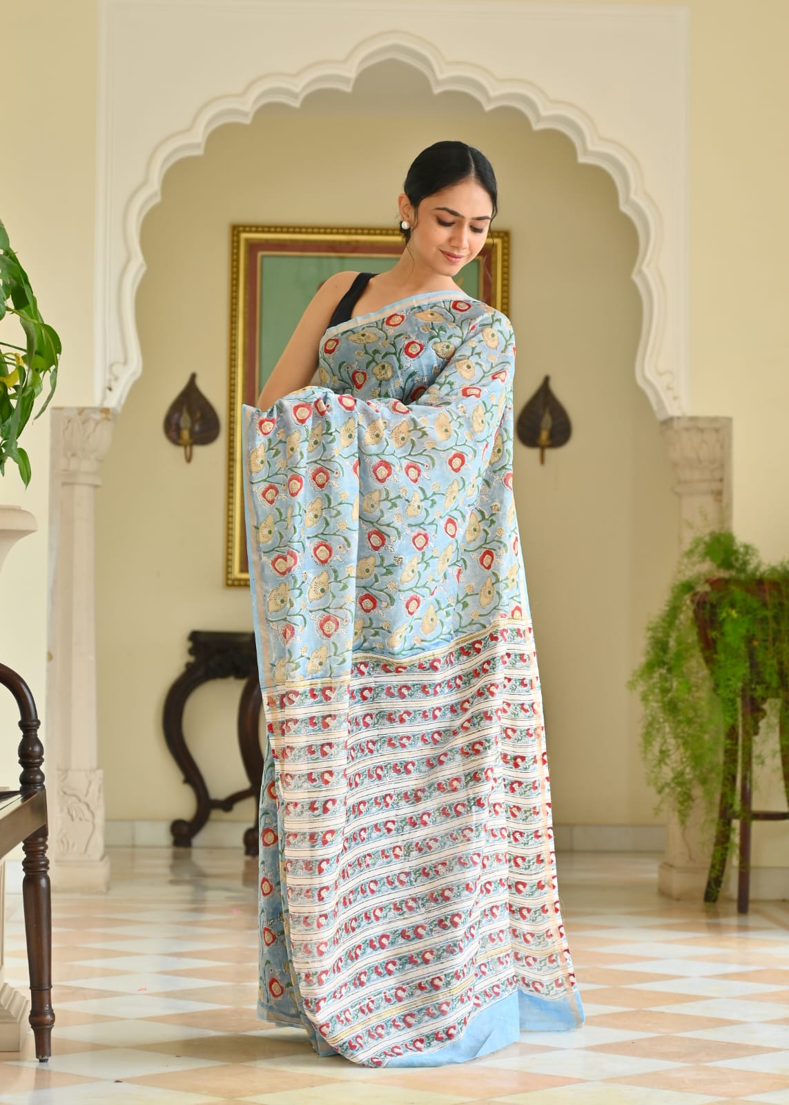 Chanderi Silk Block Printed Saree With Blouse Piece - BFSCSA3