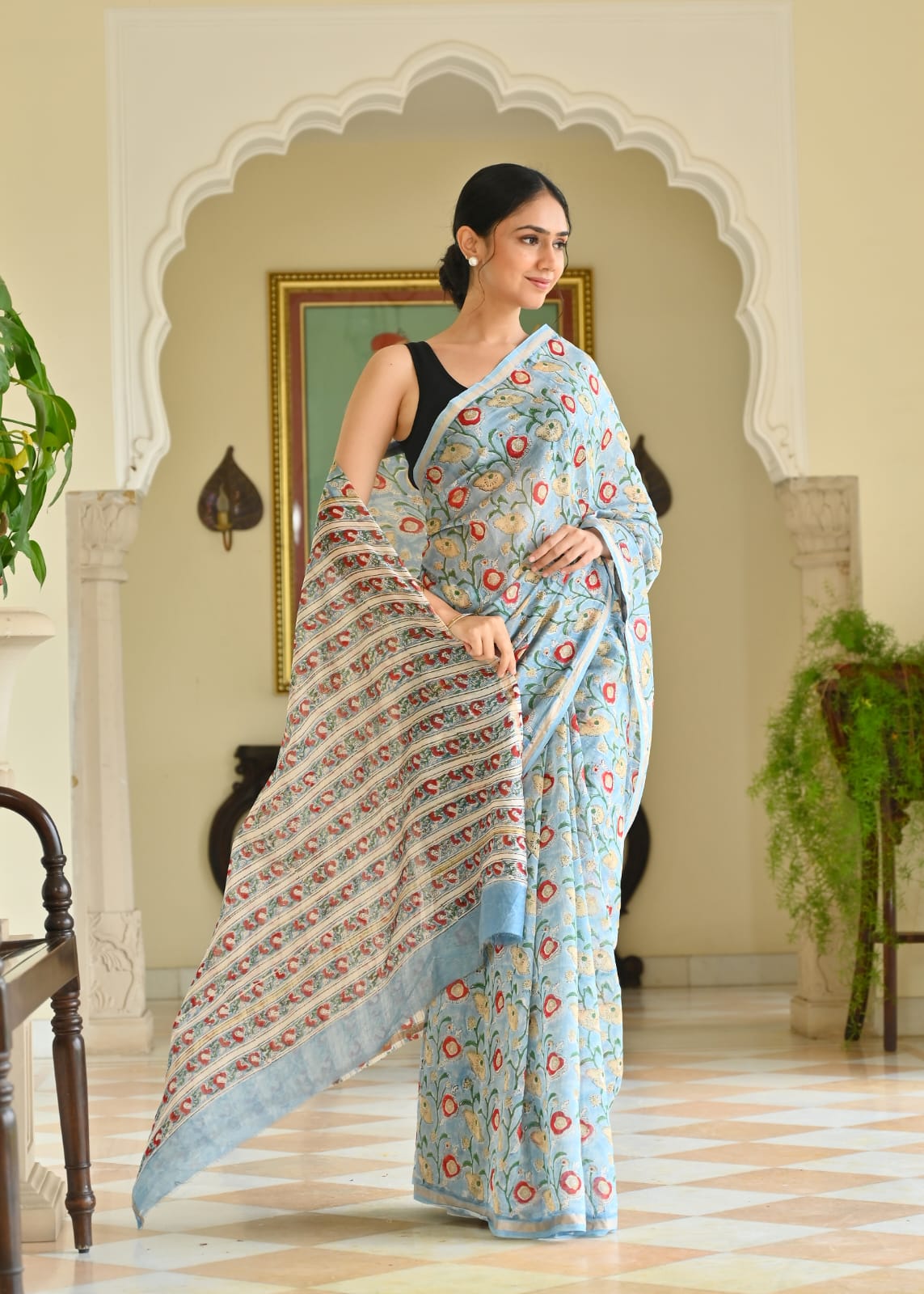 Chanderi Silk Block Printed Saree With Blouse Piece - BFSCSA3