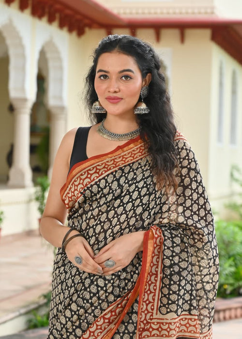 Black & Maroon Buti Print Bagru Hand Block Printed Chanderi Silk Saree With Blouse Piece