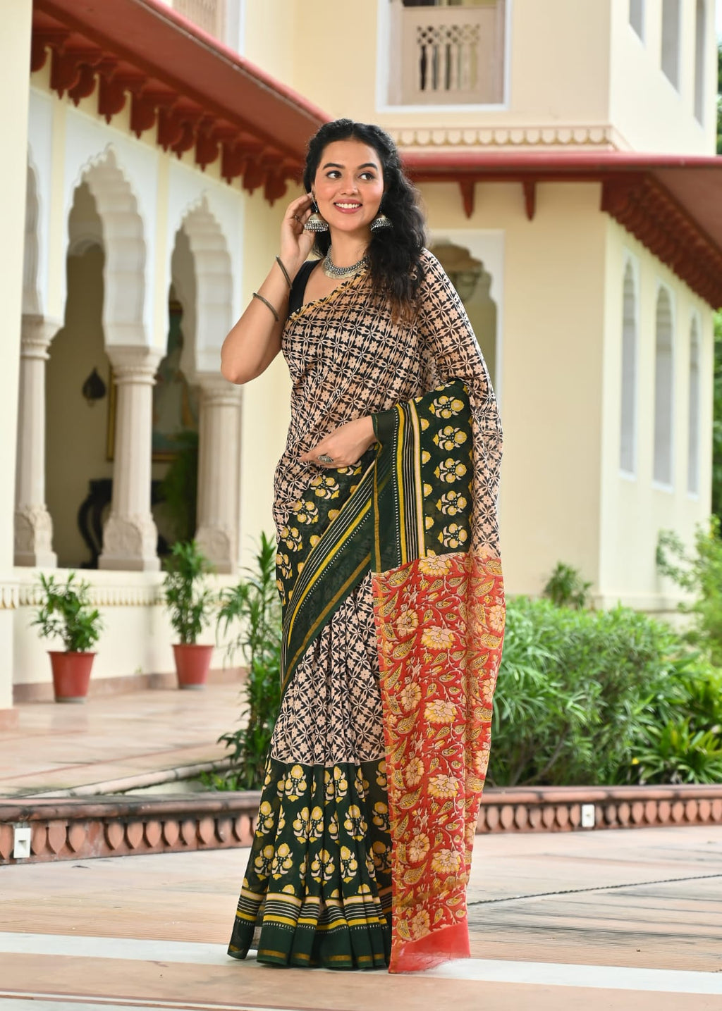 Chanderi Silk Block Printed Saree With Blouse Piece - BFSCSA6