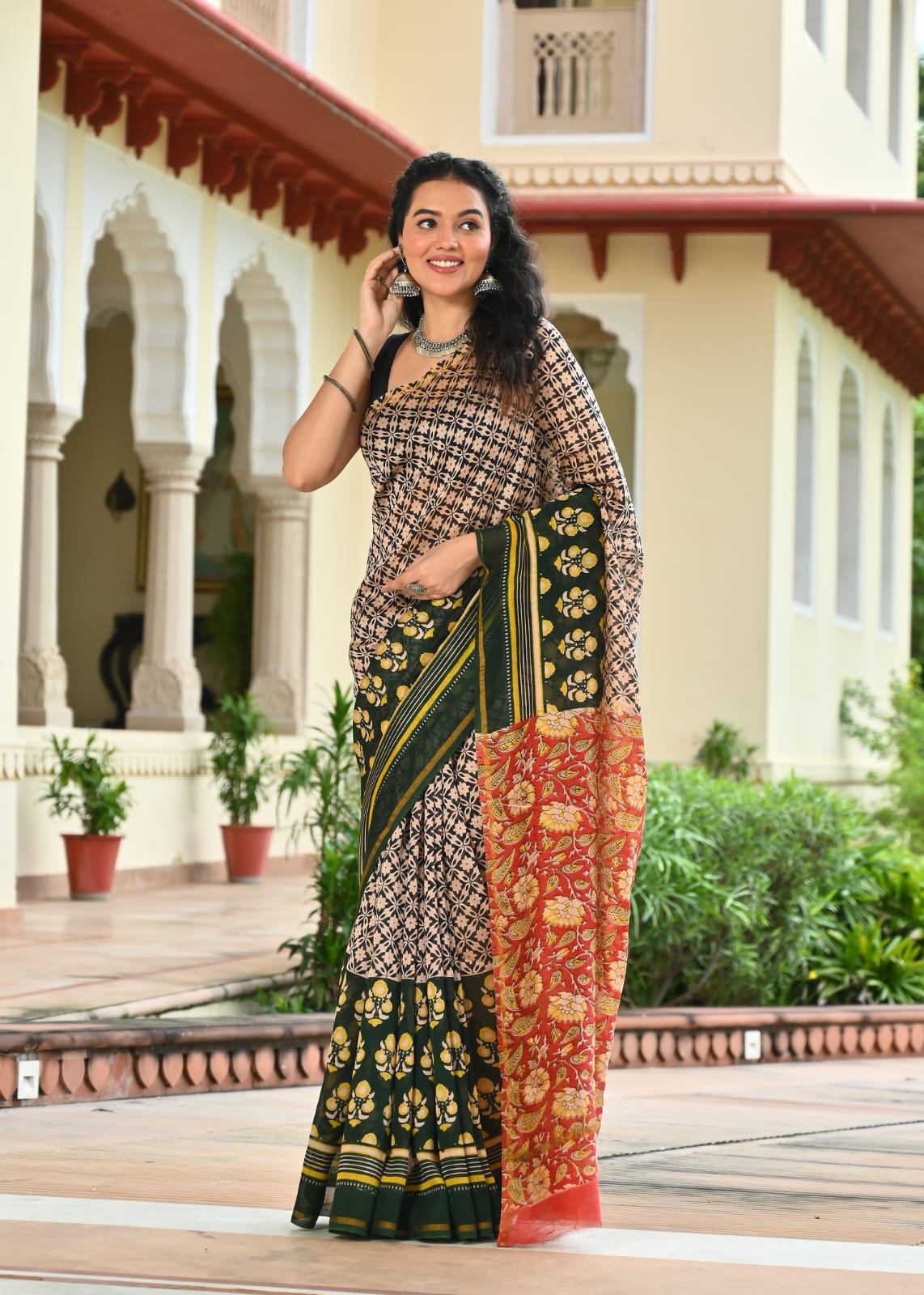 Chanderi Silk Block Printed Saree With Blouse Piece - BFSCSA6